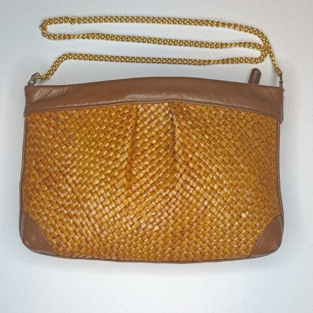 The Bay Brown Leather Tan Raffia Woven Shoulder Crossbody Bag with Gold Chain